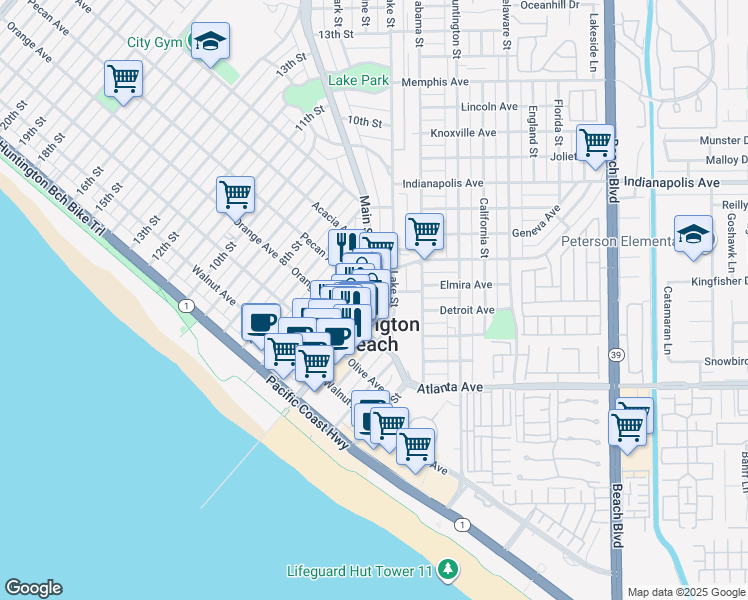 map of restaurants, bars, coffee shops, grocery stores, and more near in Huntington Beach