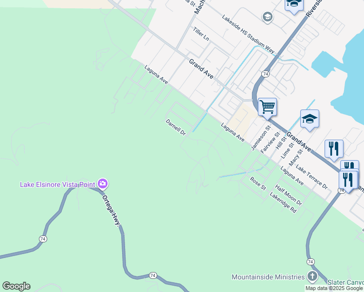 map of restaurants, bars, coffee shops, grocery stores, and more near Lakeview Avenue in Lake Elsinore