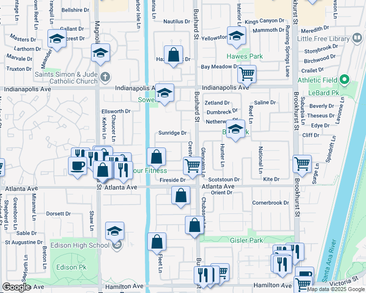 map of restaurants, bars, coffee shops, grocery stores, and more near 20812 Lancelot Lane in Huntington Beach