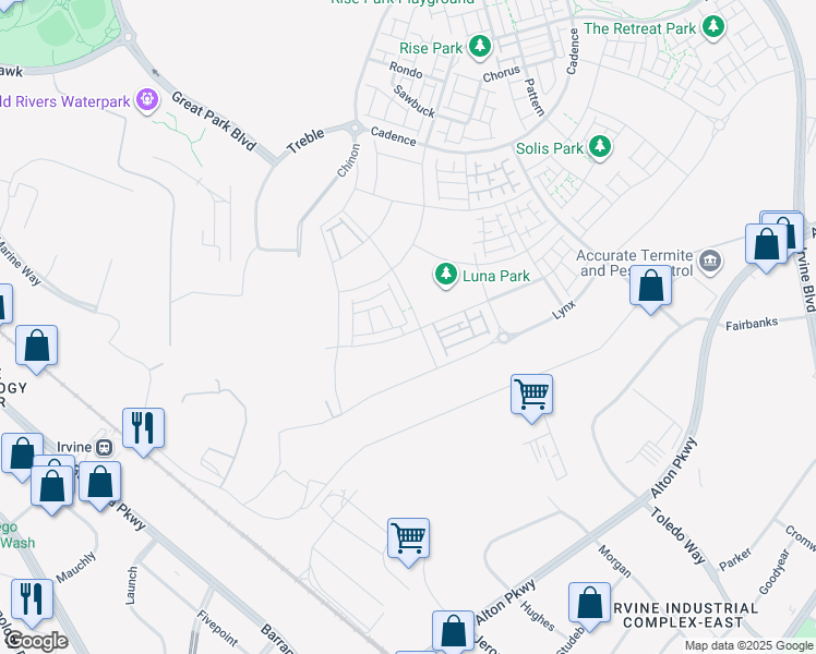map of restaurants, bars, coffee shops, grocery stores, and more near 7453-8499 Marine Way in Irvine