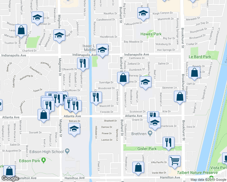 map of restaurants, bars, coffee shops, grocery stores, and more near 20812 Lancelot Lane in Huntington Beach