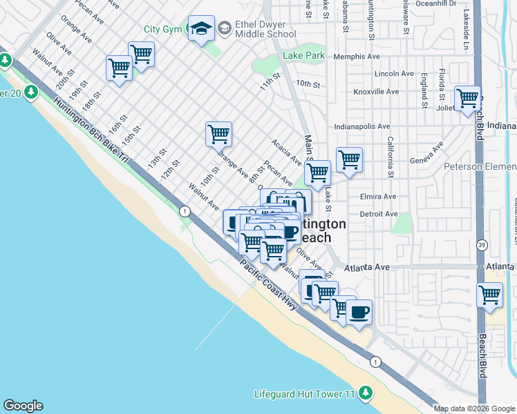 map of restaurants, bars, coffee shops, grocery stores, and more near 308 7th Street in Huntington Beach