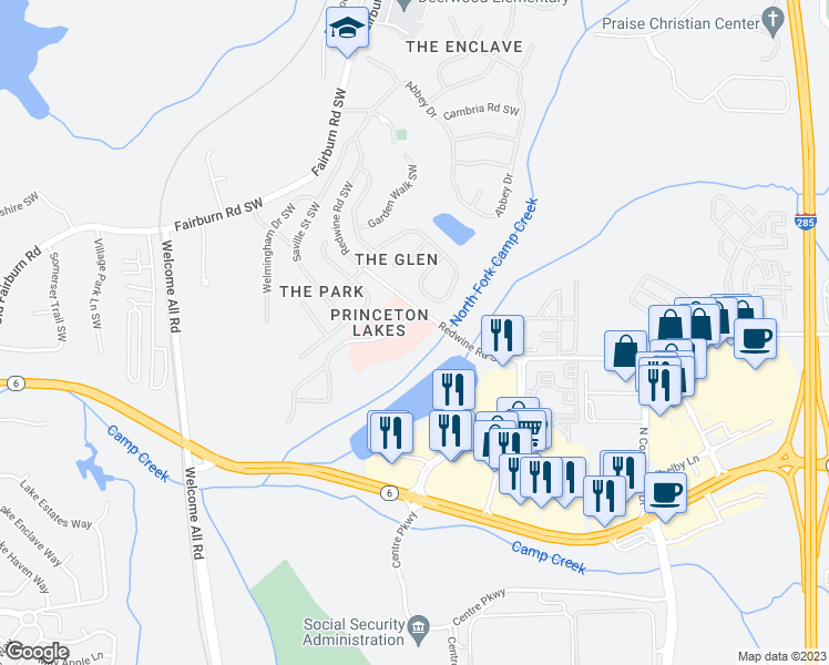 map of restaurants, bars, coffee shops, grocery stores, and more near 3890 Redwine Road Southwest in Atlanta