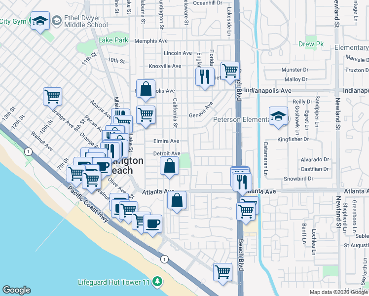 map of restaurants, bars, coffee shops, grocery stores, and more near 407 Delaware Street in Huntington Beach