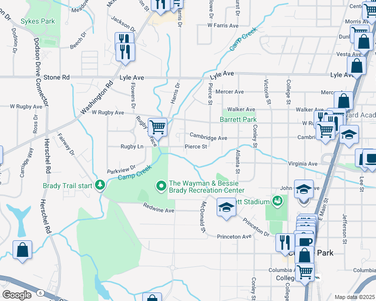 map of restaurants, bars, coffee shops, grocery stores, and more near 3472 Harris Drive in College Park