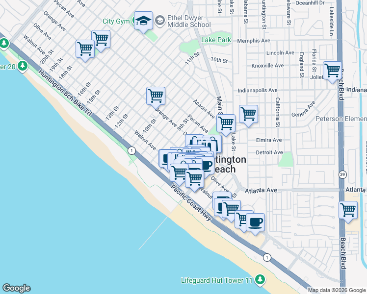 map of restaurants, bars, coffee shops, grocery stores, and more near 308 7th Street in Huntington Beach