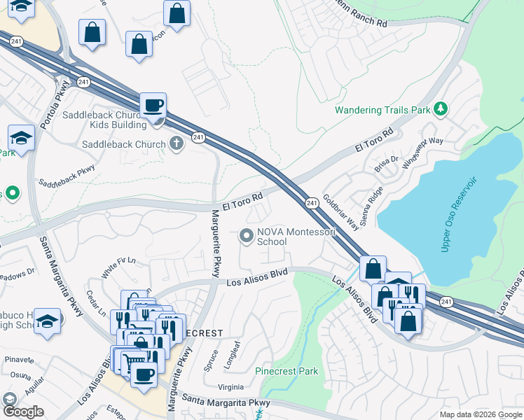 map of restaurants, bars, coffee shops, grocery stores, and more near 125 Lugo Lane in Mission Viejo