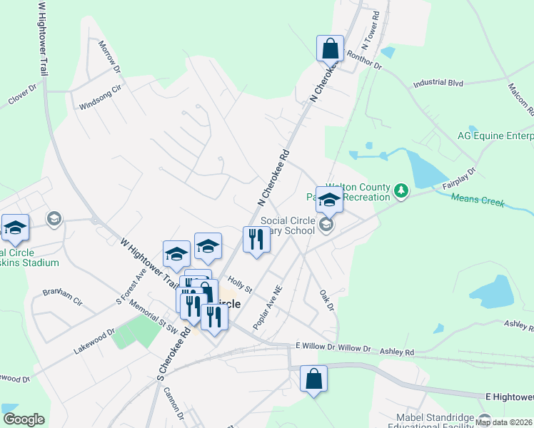 map of restaurants, bars, coffee shops, grocery stores, and more near 435 North Cherokee Road in Social Circle