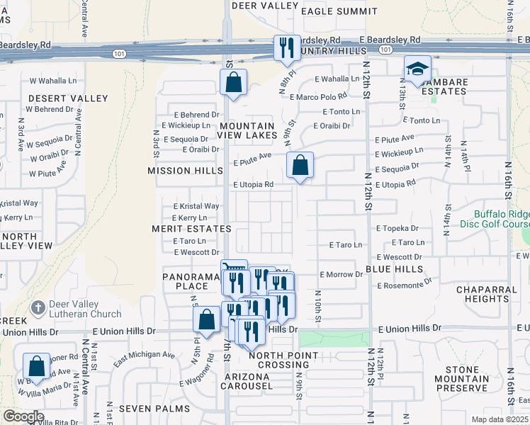 map of restaurants, bars, coffee shops, grocery stores, and more near 19401 North 7th Street in Phoenix