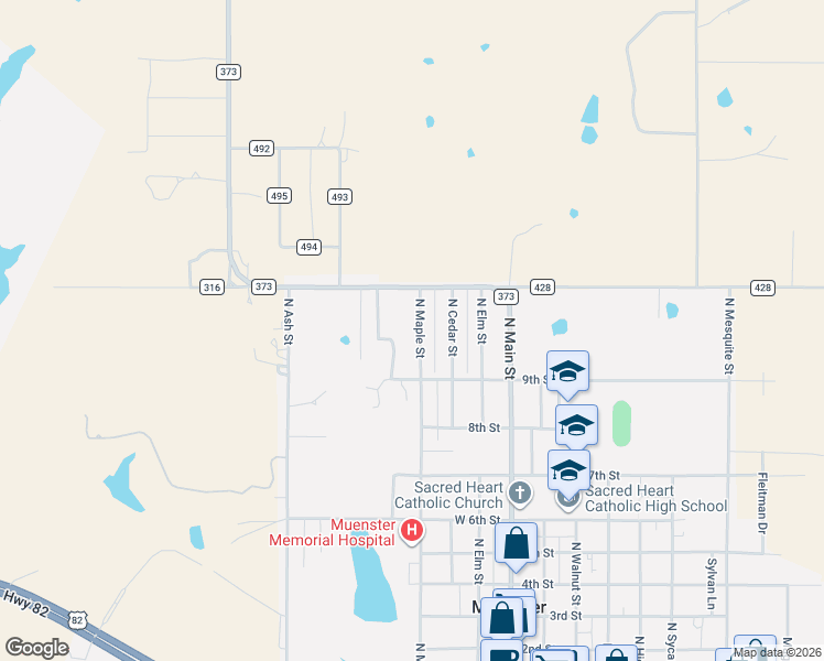 map of restaurants, bars, coffee shops, grocery stores, and more near 1063 North Maple Street in Muenster