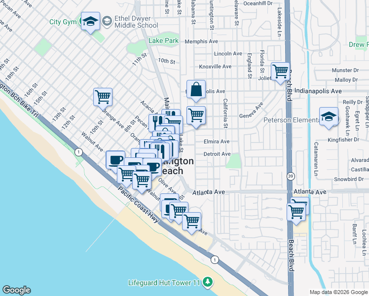 map of restaurants, bars, coffee shops, grocery stores, and more near 514 Lake Street in Huntington Beach