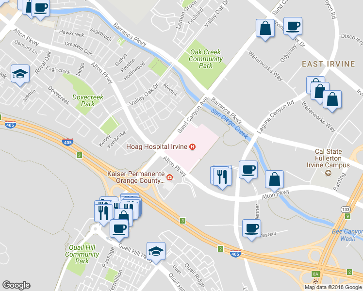 map of restaurants, bars, coffee shops, grocery stores, and more near Irvine Regional Hospital in Irvine