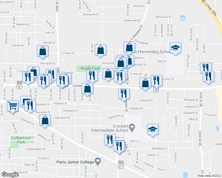 map of restaurants, bars, coffee shops, grocery stores, and more near 2602 Lamar Avenue in Paris