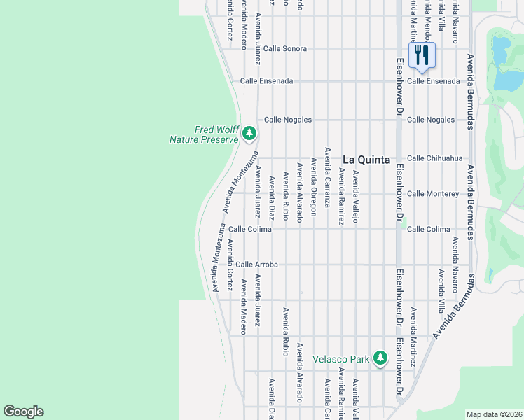 map of restaurants, bars, coffee shops, grocery stores, and more near 53360 Avenida Juarez in La Quinta