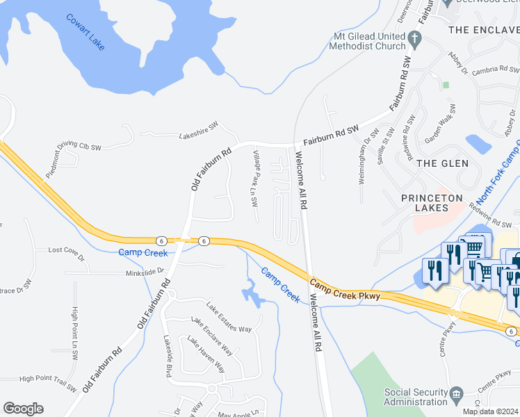 map of restaurants, bars, coffee shops, grocery stores, and more near 3460 Village Park Lane Southwest in Atlanta