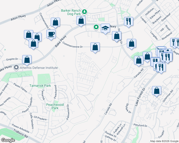map of restaurants, bars, coffee shops, grocery stores, and more near 20799 Indian Ocean Drive in Lake Forest