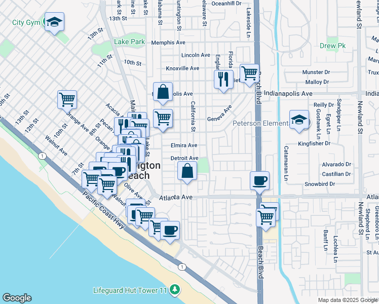 map of restaurants, bars, coffee shops, grocery stores, and more near 409 California Street in Huntington Beach