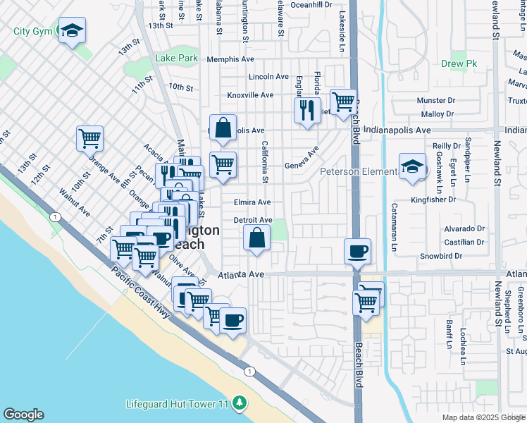 map of restaurants, bars, coffee shops, grocery stores, and more near 409 California Street in Huntington Beach