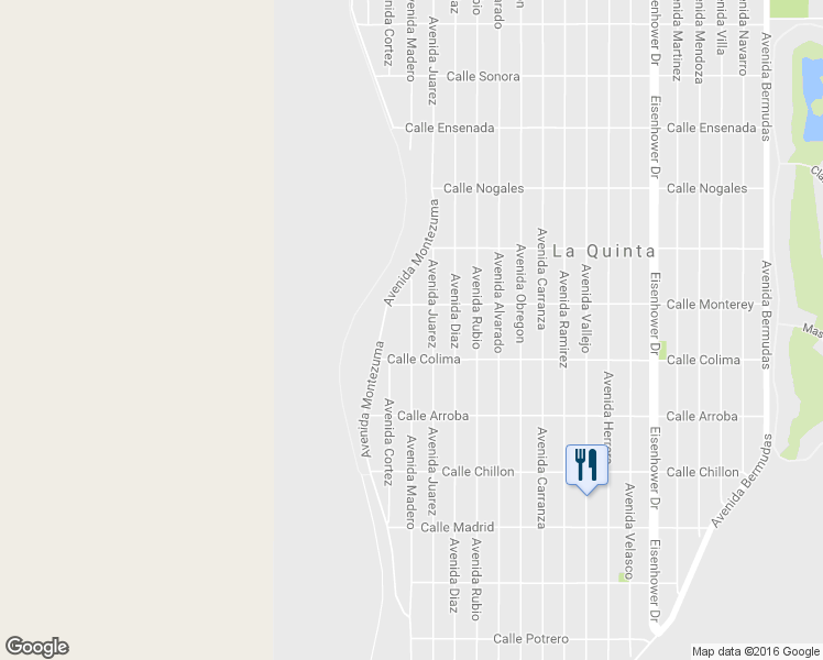 map of restaurants, bars, coffee shops, grocery stores, and more near 53361 Avenida Madero in La Quinta