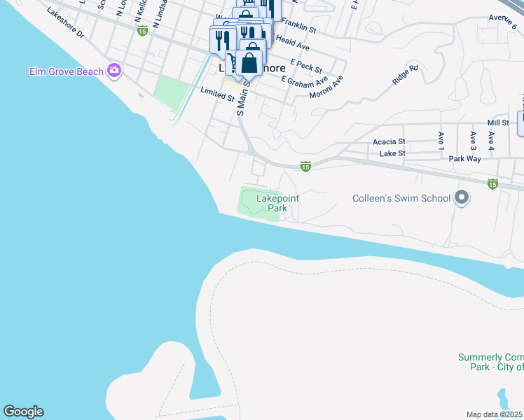 map of restaurants, bars, coffee shops, grocery stores, and more near Lakepoint Walking Path in Lake Elsinore