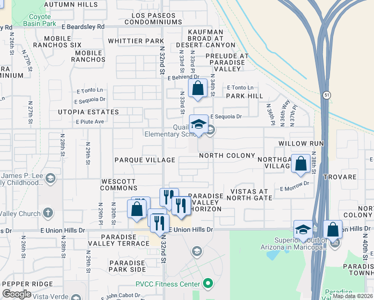 map of restaurants, bars, coffee shops, grocery stores, and more near 3303 East Utopia Road in Phoenix