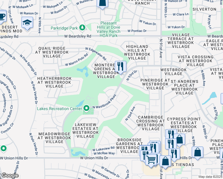 map of restaurants, bars, coffee shops, grocery stores, and more near 19252 North 93rd Drive in Peoria