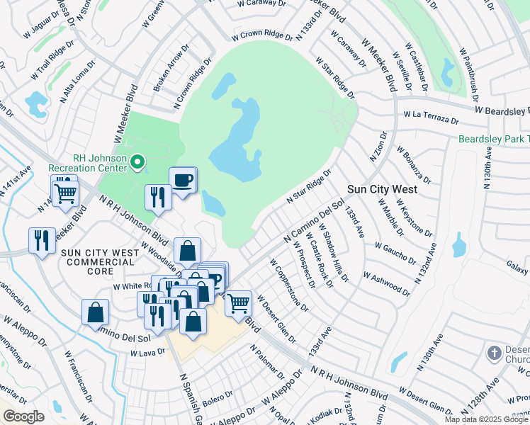 map of restaurants, bars, coffee shops, grocery stores, and more near 19268 North Star Ridge Drive in Sun City West