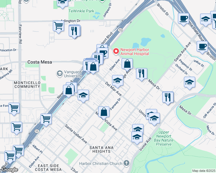 map of restaurants, bars, coffee shops, grocery stores, and more near 2619 Orange Avenue in Costa Mesa
