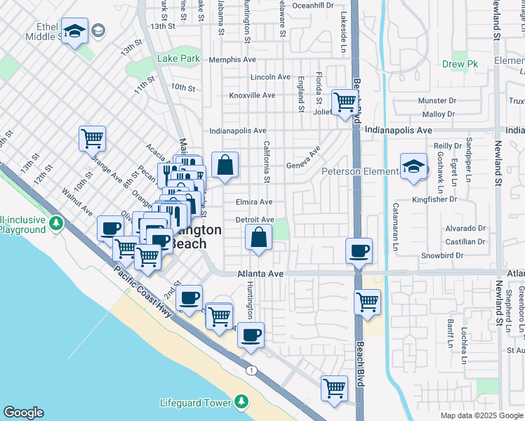 map of restaurants, bars, coffee shops, grocery stores, and more near 504 Huntington Street in Huntington Beach