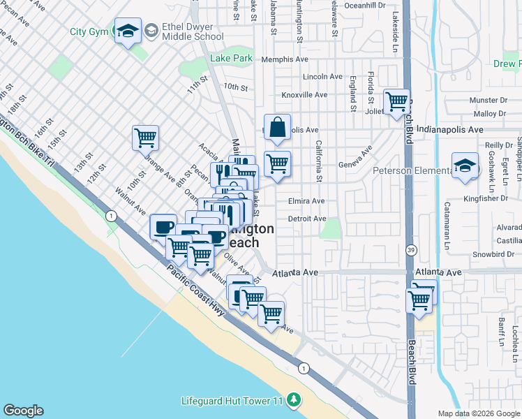 map of restaurants, bars, coffee shops, grocery stores, and more near 514 Lake Street in Huntington Beach