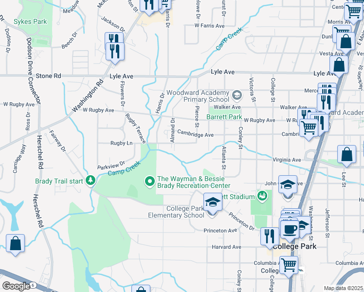 map of restaurants, bars, coffee shops, grocery stores, and more near 2120 Cambridge Avenue in College Park