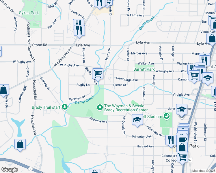 map of restaurants, bars, coffee shops, grocery stores, and more near 2186 Park Terrace in College Park