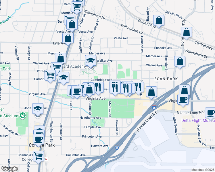 map of restaurants, bars, coffee shops, grocery stores, and more near 1540 Cambridge Avenue in College Park