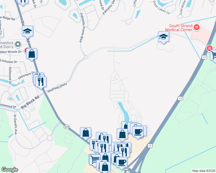 map of restaurants, bars, coffee shops, grocery stores, and more near 1710 Dick Pond Road in Myrtle Beach