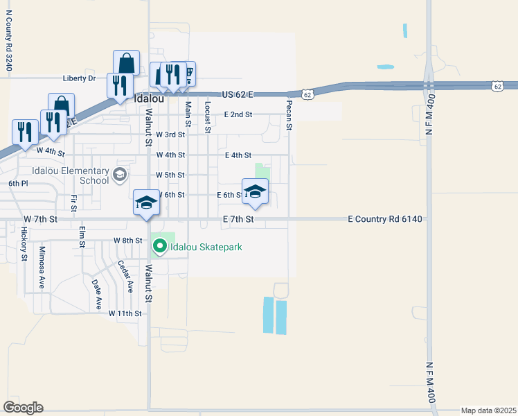 map of restaurants, bars, coffee shops, grocery stores, and more near 403 East 7th Street in Idalou