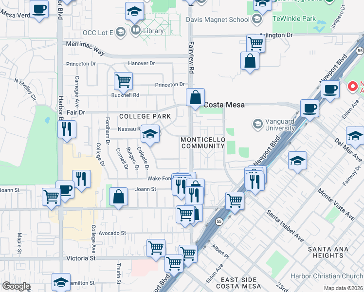 map of restaurants, bars, coffee shops, grocery stores, and more near 208 Dartmouth Place in Costa Mesa