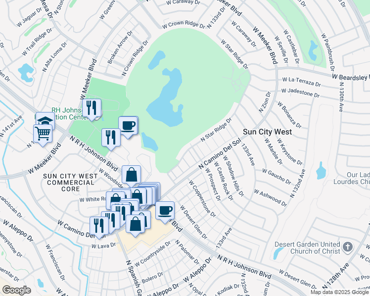 map of restaurants, bars, coffee shops, grocery stores, and more near 19268 North Star Ridge Drive in Sun City West