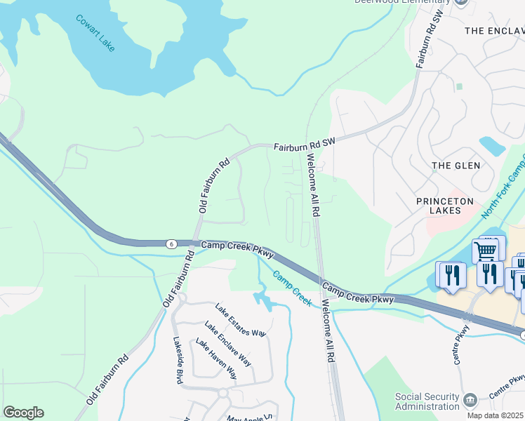 map of restaurants, bars, coffee shops, grocery stores, and more near 3459 Village Park Lane Southwest in Atlanta