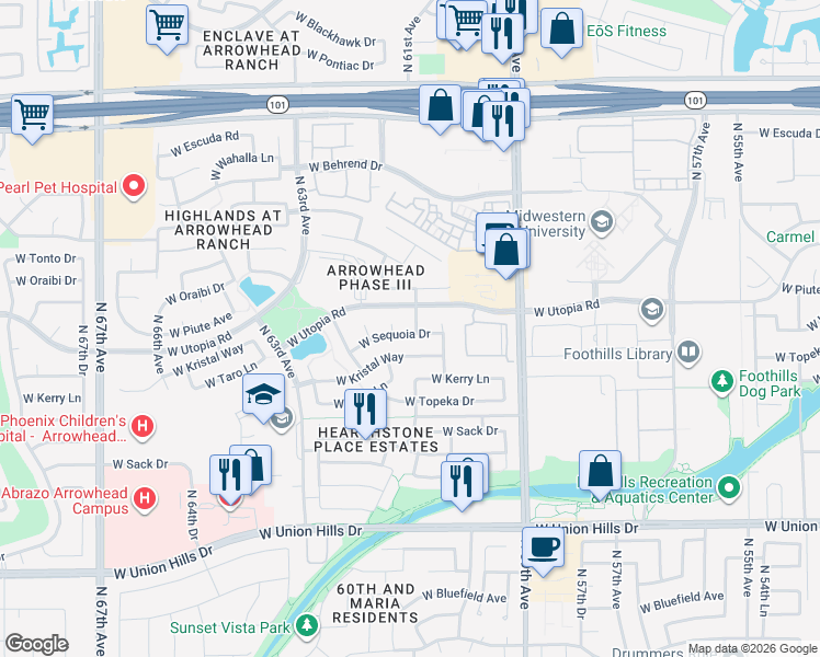map of restaurants, bars, coffee shops, grocery stores, and more near 19420 North 61st Avenue in Glendale