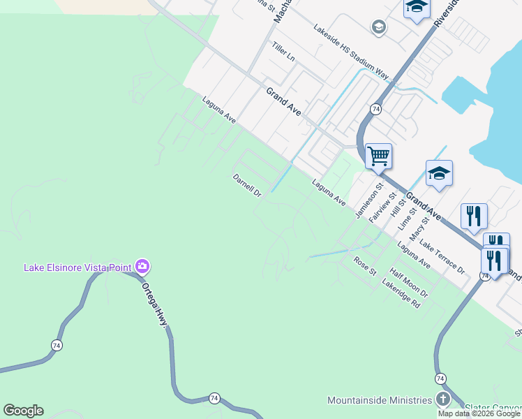map of restaurants, bars, coffee shops, grocery stores, and more near 15210 Lakeview Avenue in Lake Elsinore