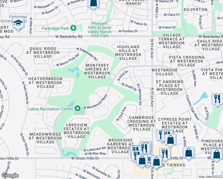 map of restaurants, bars, coffee shops, grocery stores, and more near 19252 North 93rd Drive in Peoria