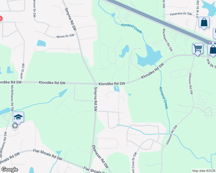map of restaurants, bars, coffee shops, grocery stores, and more near 1944 Klondike Road Southwest in Conyers
