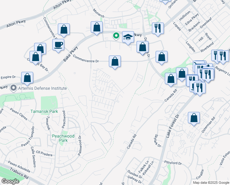map of restaurants, bars, coffee shops, grocery stores, and more near 397 Trevinca in Lake Forest