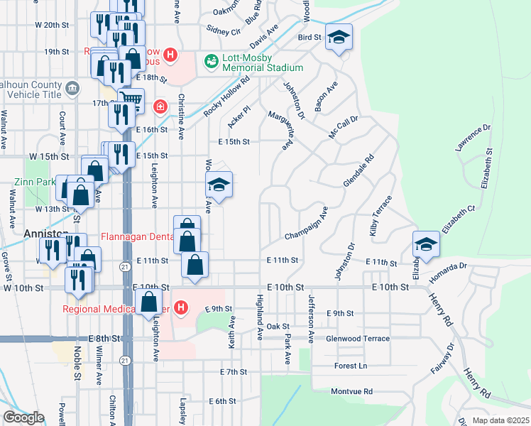 map of restaurants, bars, coffee shops, grocery stores, and more near 1221 Highland Avenue in Anniston