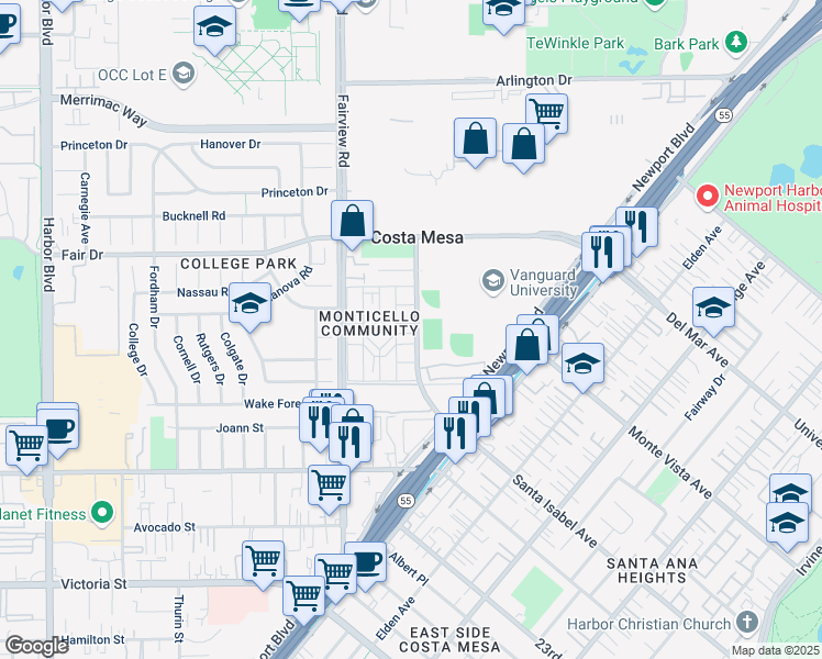 map of restaurants, bars, coffee shops, grocery stores, and more near 105 Georgetown Lane in Costa Mesa