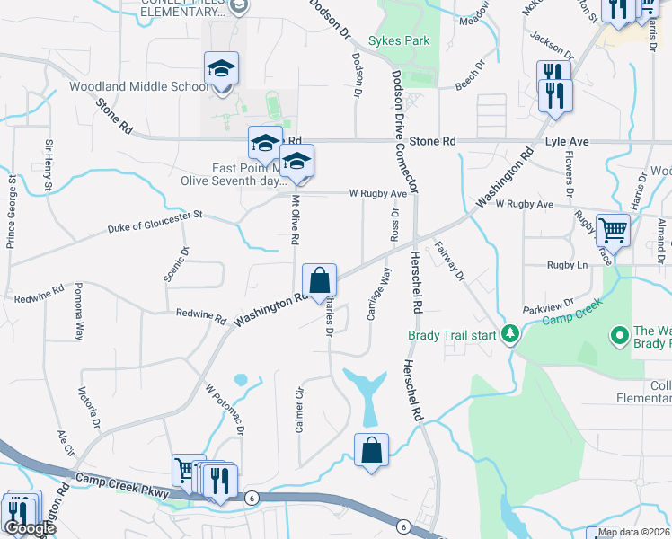 map of restaurants, bars, coffee shops, grocery stores, and more near 3491 Washington Road in East Point