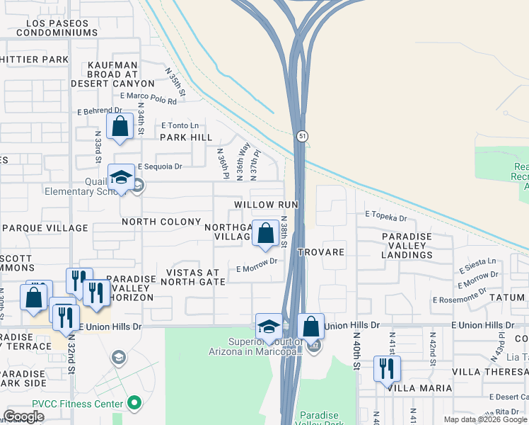 map of restaurants, bars, coffee shops, grocery stores, and more near 3727 East Kristal Way in Phoenix
