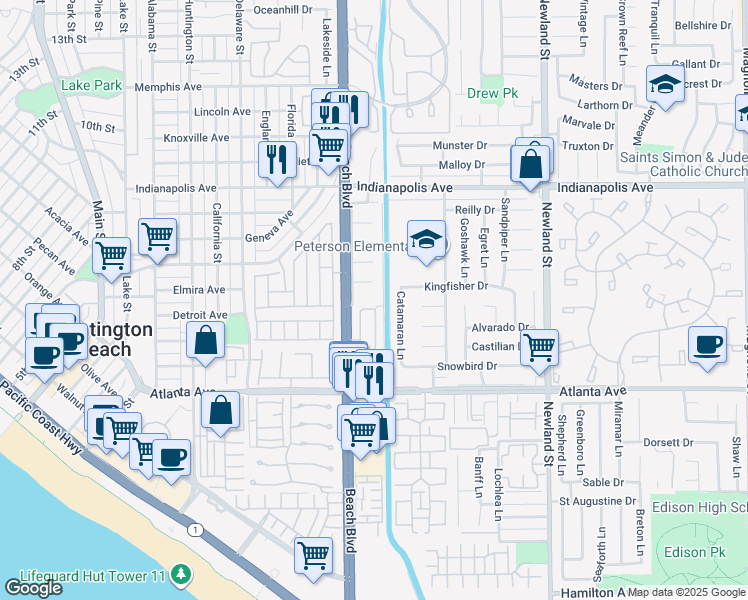 map of restaurants, bars, coffee shops, grocery stores, and more near 20856 Monarch Lane in Huntington Beach