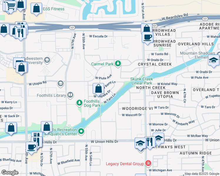 map of restaurants, bars, coffee shops, grocery stores, and more near 5351 West Kerry Lane in Glendale