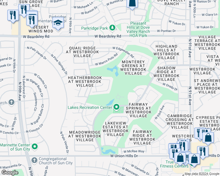map of restaurants, bars, coffee shops, grocery stores, and more near 19551 North 96th Lane in Peoria